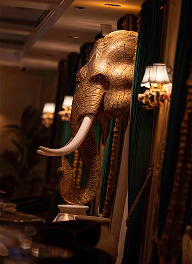 A large carved elephant head mounted on the dining room wall
