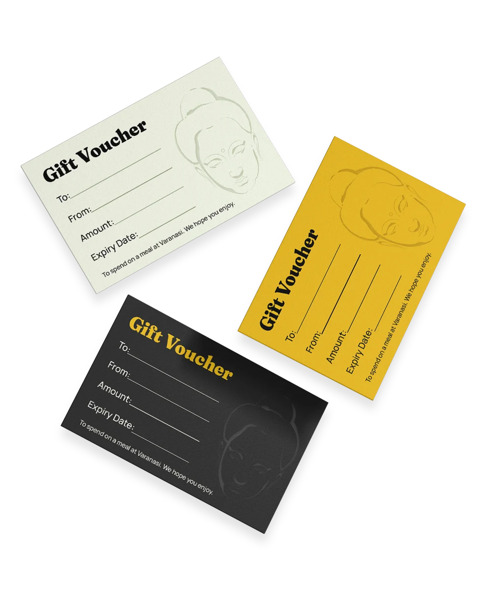 The three Varanasi gift cards — cream, gold and black
